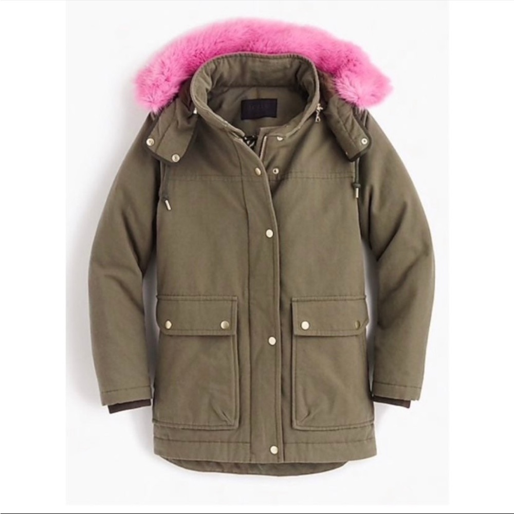 J. Crew Olive Utility Jacket with Pink Fur Hood